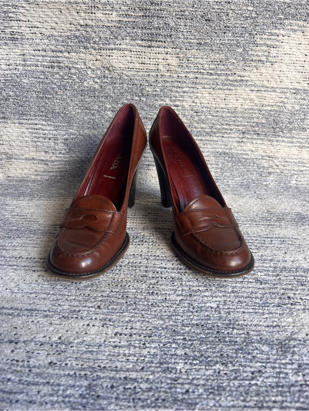 Vintage Prada Brown Leather Penny Loafer Block Heel Pumps Made in Italy